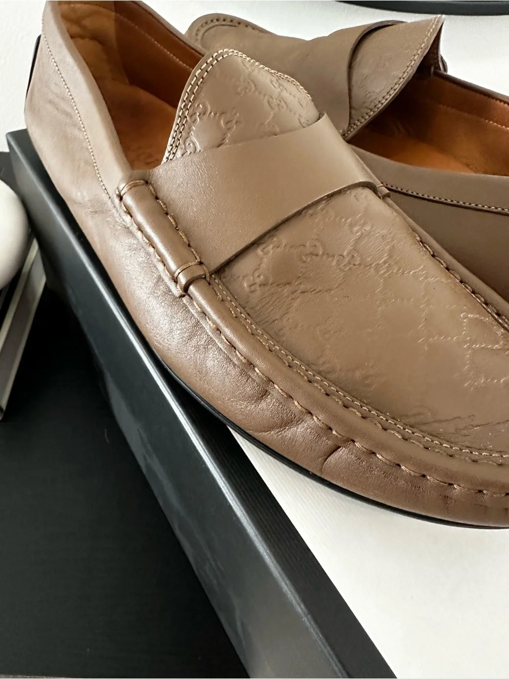 Gucci Brown Leather Embossed Penny Loafers